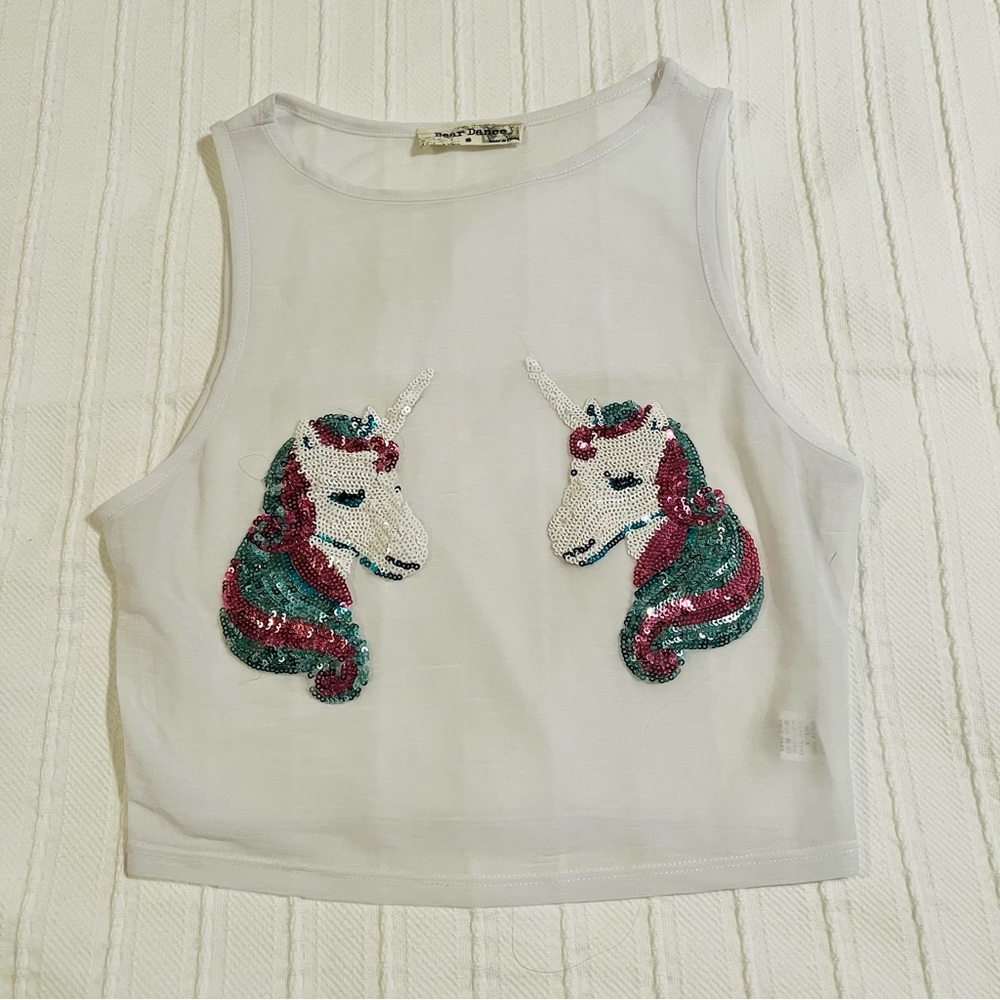 Bear Dance Unicorn Sequin Crop Top - White